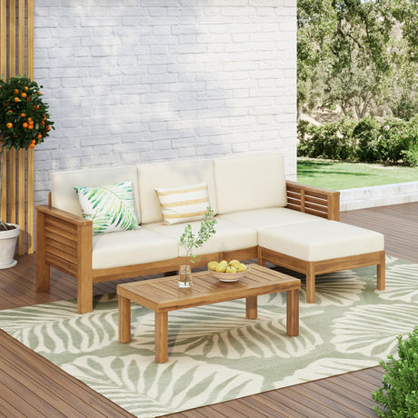 Merax 3 Piece Acacia Wood Patio Furniture Set, Outdoor Sectional Sofa Set with Coffee Table, 4 Seats Sofa Deep Seating with Soft Cushions for Garden, Backyard, Teak & Cream Merax