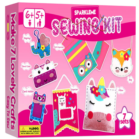 Sewing Craft Kit for Girls: DIY Felt Sewing Kit for Kids Ages 5-10, 7 Fun Projects with Stuffed Animals & Pillows, Learn to Sew Kit for Beginners, Ideal for Christmas & Birthday, Arts & Crafts Ideas SparkleMe