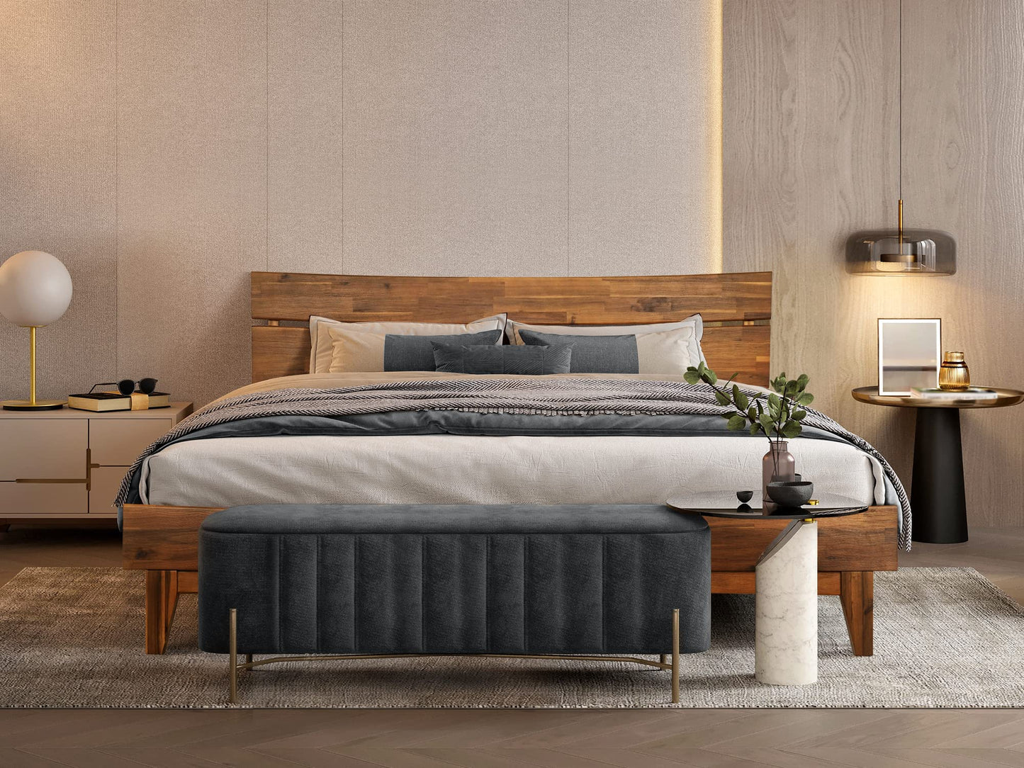 Acacia Aurora Wooden Bed Frame, 100% Solid Wood Platform Bed with Headboard, All Mattress Support & No Box Spring Needed, Effortless Assembly, 800