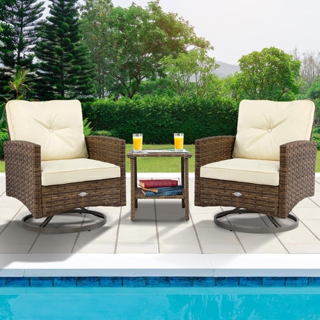 YITAHOME 3-Piece Patio Wicker Swivel Chairs, Outdoor Small Furniture Rocking Coversation Chairs w/Thick Cushions and Table for Garden, Backyard and Balcony (Tan Chairs + Off- White Cushions) YITAHOME