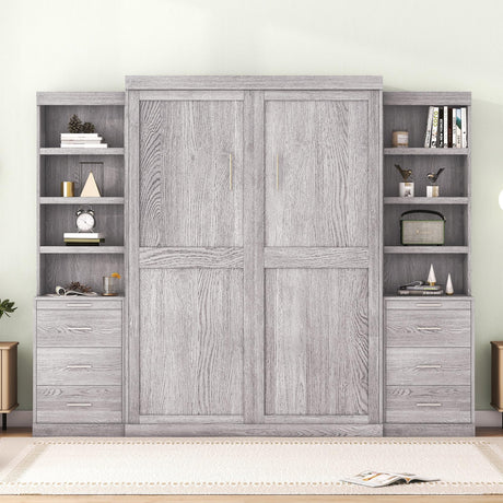 Harper & Bright Designs Full Size Murphy Bed Cabinet, Murphy Cube Cabinet Bed with Storage Shelves and Drawers, Wood Full Platform Bed Frame with Bookcase Storage Headboard - Gray Harper & Bright Designs