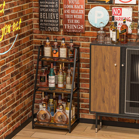 3-Tier Trapezoid Liquor Stand for Home Bar, Stepped Wine Racks Freestanding Floor for Liquor Whiskey Wine,Versatile Corner Wine Bottle Display Stand with Fences, Vintage Brown（Patent Pending） Hayexiha