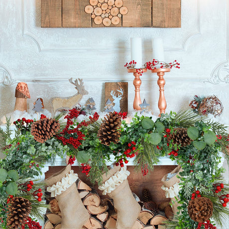 Winlyn 6' Long Artificial Eucalyptus and Pine Christmas Garland with Pine Cones Red Berries Pine Needles Winter Greenery Garland Christmas Season Holiday Wedding Table Runner Centerpiece Mantel Decor Winlyn