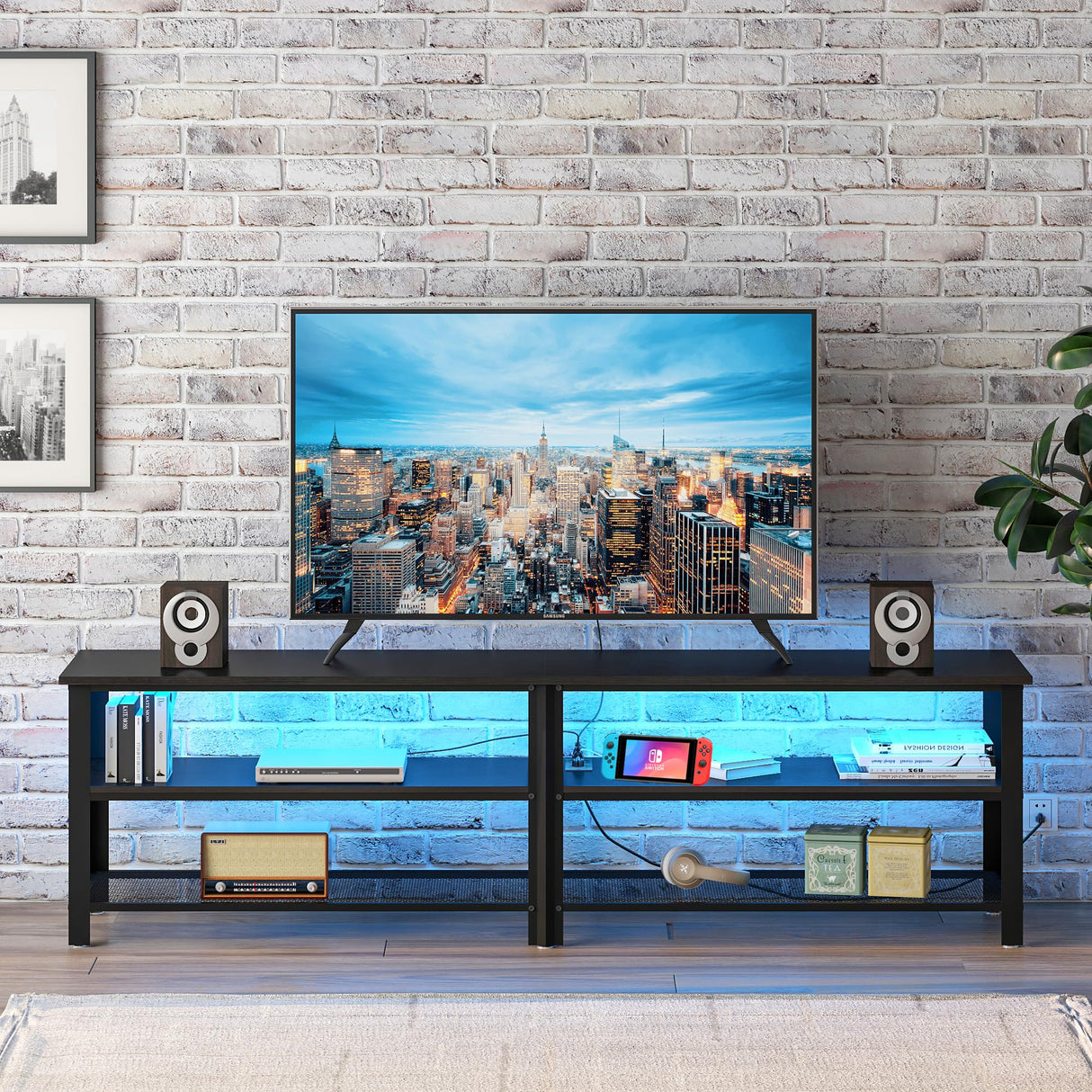 Clikuutory Modern Black 71 inch Metal TV Stand with LED Lights and Power Outlets for 50 60 65 70 75 80 Inch TVs, 3 Tier Television Stands with Entertainment Center and Storage for Living Room, Bedroom Clikuutory