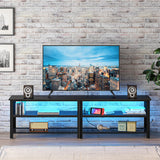 Clikuutory Modern Black 71 inch Metal TV Stand with LED Lights and Power Outlets for 50 60 65 70 75 80 Inch TVs, 3 Tier Television Stands with Entertainment Center and Storage for Living Room, Bedroom Clikuutory