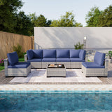 Sweecci 7-Piece Patio Furniture Set, Outdoor Sectional with Thick Cushions, Modular Patio Sofa, Dual-Strand Wicker Rattan, Rust-Resistant Frame, Backyard Furniture for Garden, Deck, Navy Blue Sweecci