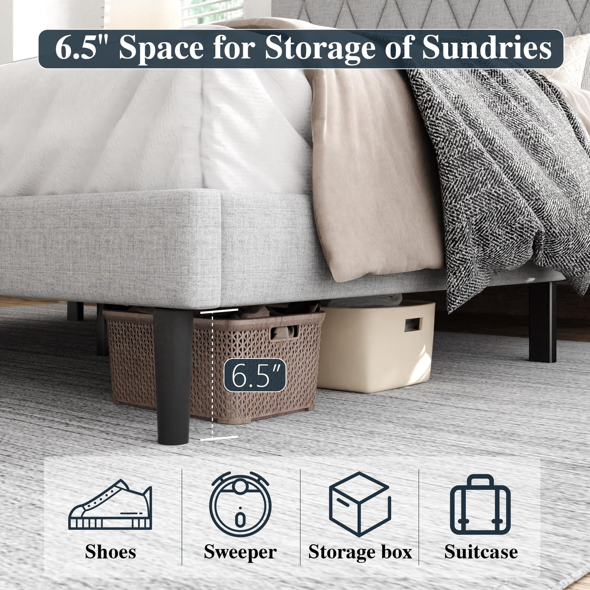 CXVX King Size Bed Frame with Diamond Tufted Headboard, Linen Upholstered Platform Bed and Wooden Slat Support, Noise-Free, No Box Spring Needed, Easy Assembly, Light Grey CXVX