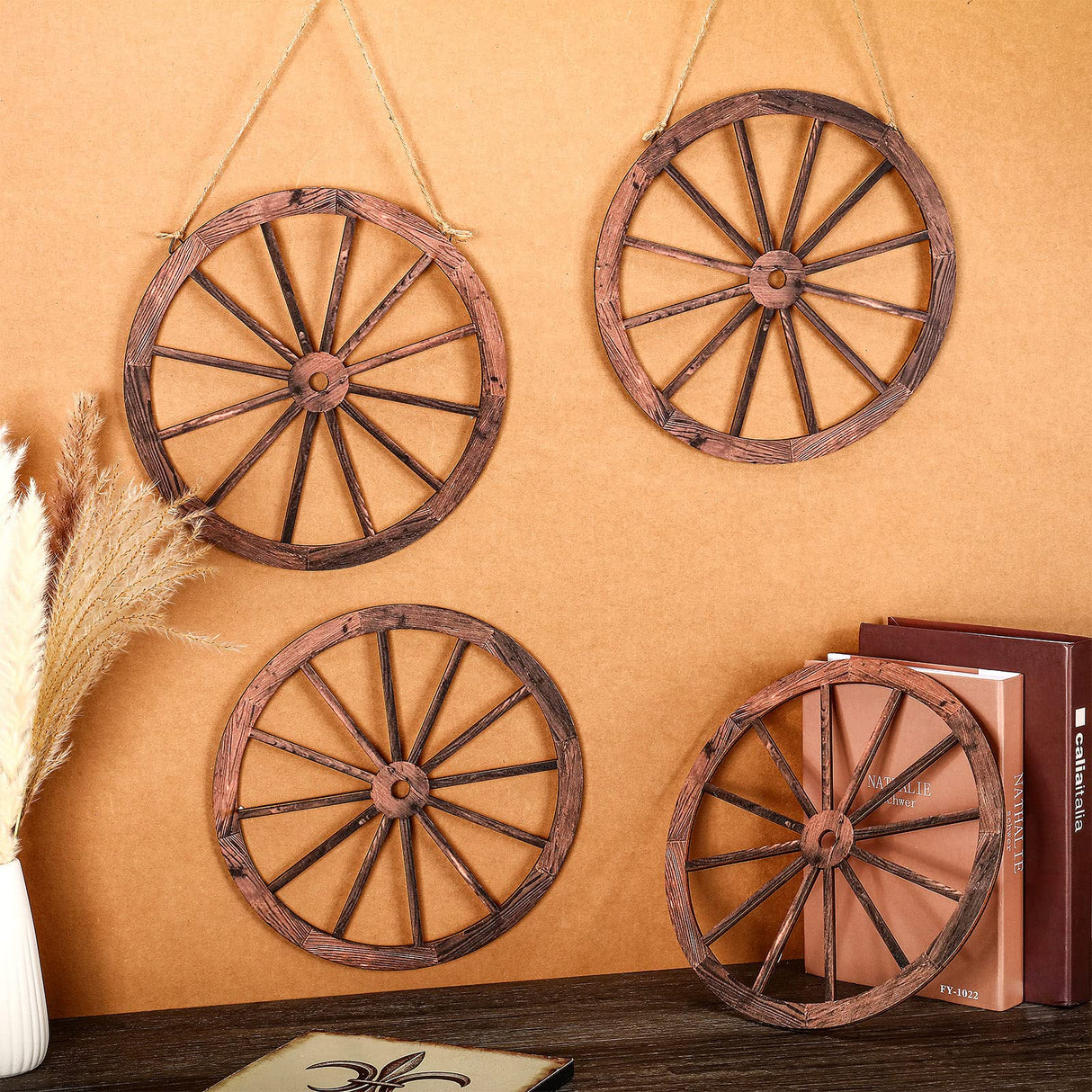 8 Pieces Wooden Wagon Wheel Wall Decor 10 Inches Old Western Wood Wall Art Farmhouse, Rustic Yard Decor Wood Hanging Decorative Wheels for Garden Home Bar Garage Qunclay