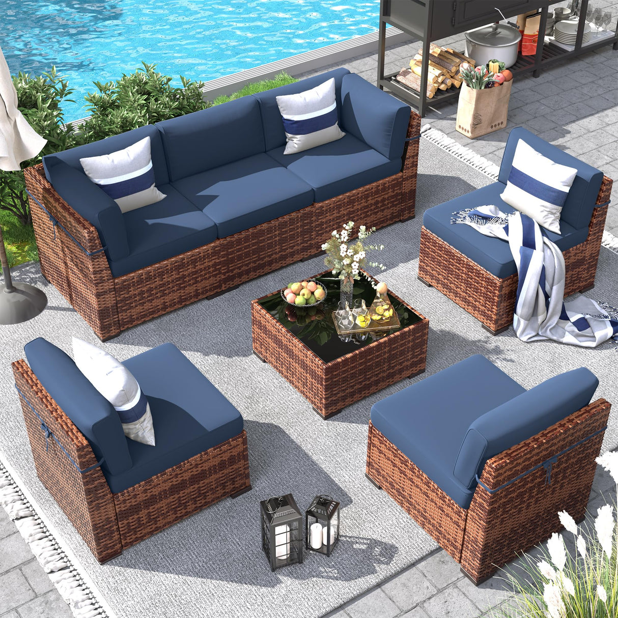 Poteban Patio Furniture Set, 7 Pieces Outdoor Modular Conversation Set Wicker Sectional Sofa for All Weather Rattan Patio Couch for Porch Garden Backyard Balcony Poolside (Blue) Poteban