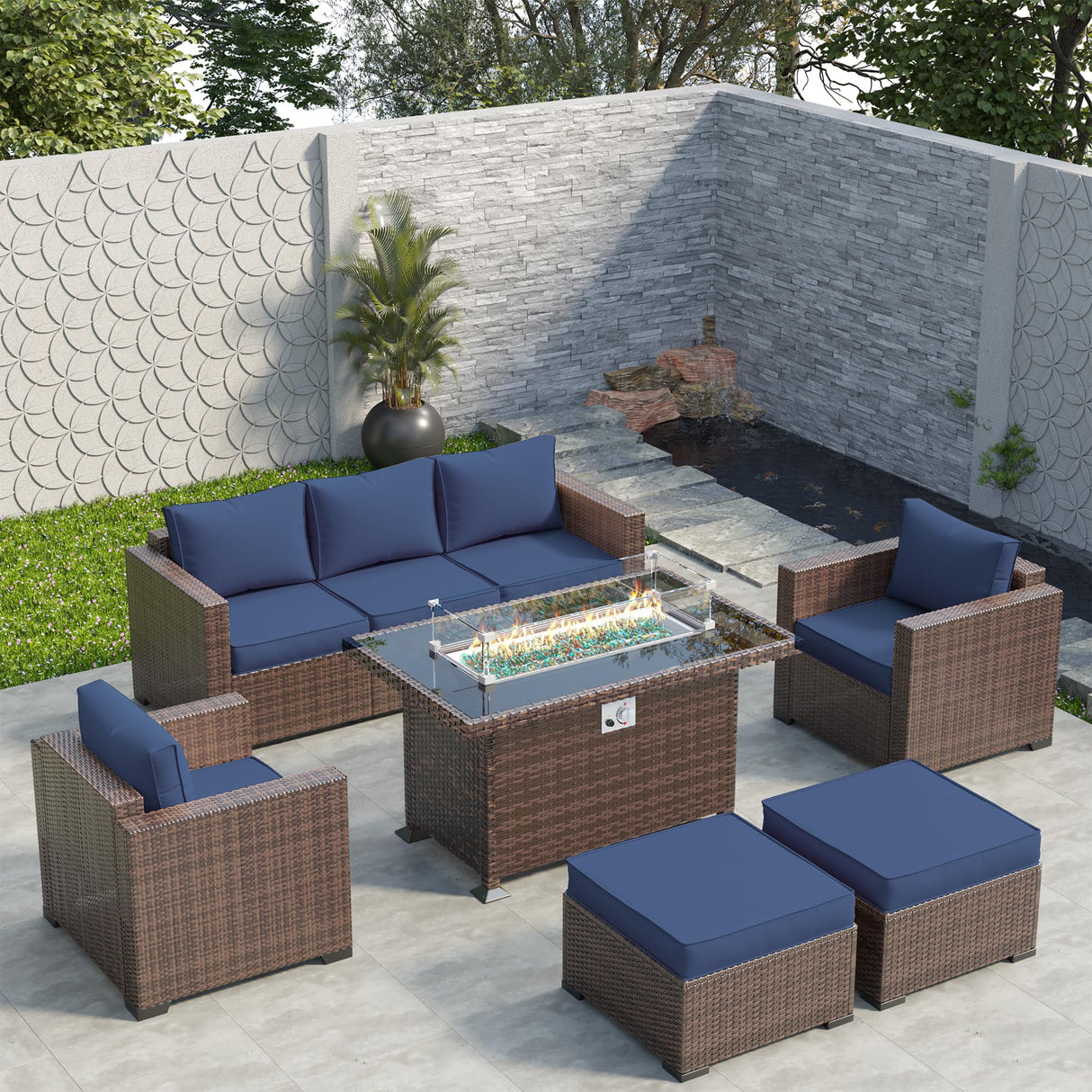 Amopatio Outdoor Patio Furniture Sets, 8 Pieces Wicker Patio Furniture, Outdoor Sectional Patio Couch Set with Ottoman, Outdoor Conversation Set with 44" Gas Fire Pit (Navy Blue) Amopatio