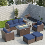 Amopatio Outdoor Patio Furniture Sets, 8 Pieces Wicker Patio Furniture, Outdoor Sectional Patio Couch Set with Ottoman, Outdoor Conversation Set with 44" Gas Fire Pit (Navy Blue) Amopatio