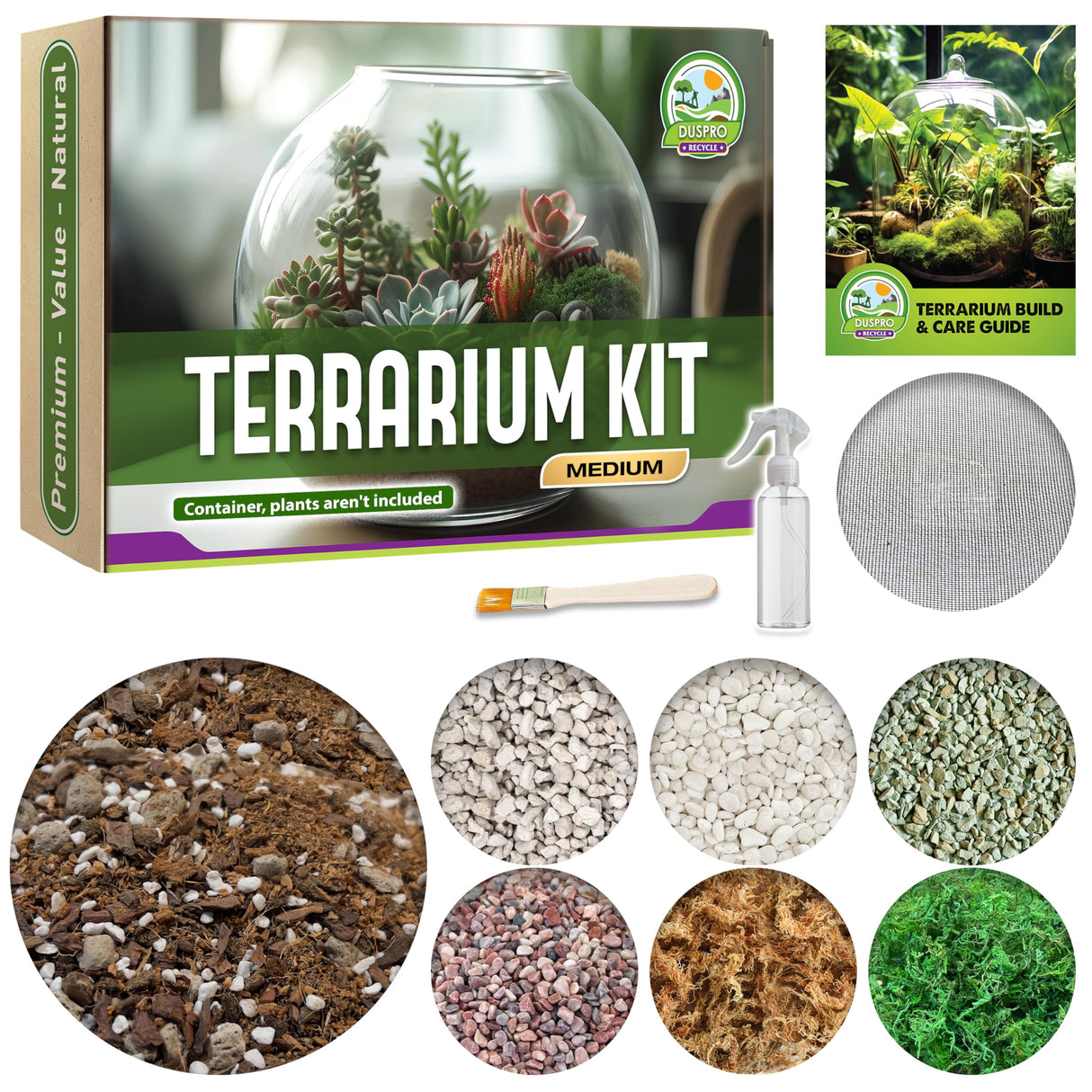 DUSPRO Recycle Terrarium Kit, Include Terrarium Potting Soil, Pumice, Zeolite, Green Moss, Sphagnum Moss, Decorative Stone, Mesh, Tools, DIY Terrarium Starter Kit for Kids, Air Plant, Succulent Duspro