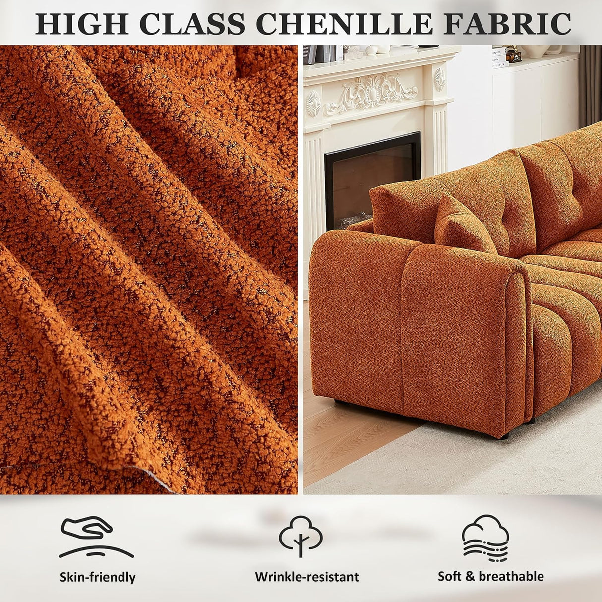 91.5" Modern Boucle Sofa with Deep Seat, 3 Seater Comfy Sherpa Cloud Couch, Oversized Loveseat Mid-Century Modern Tufted Couches for Living Room Apartment Lounge, Orange Elevyoliv