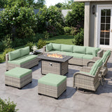 Muphyers 13-Piece Outdoor Patio Furniture Set with Rocking Swivel Chair, Wicker Rattan Sectional Sofa Conversation Set with 55,000 BTU Fire Pit Table with Ottomans, Backyard Furniture, Light Green Muphyers