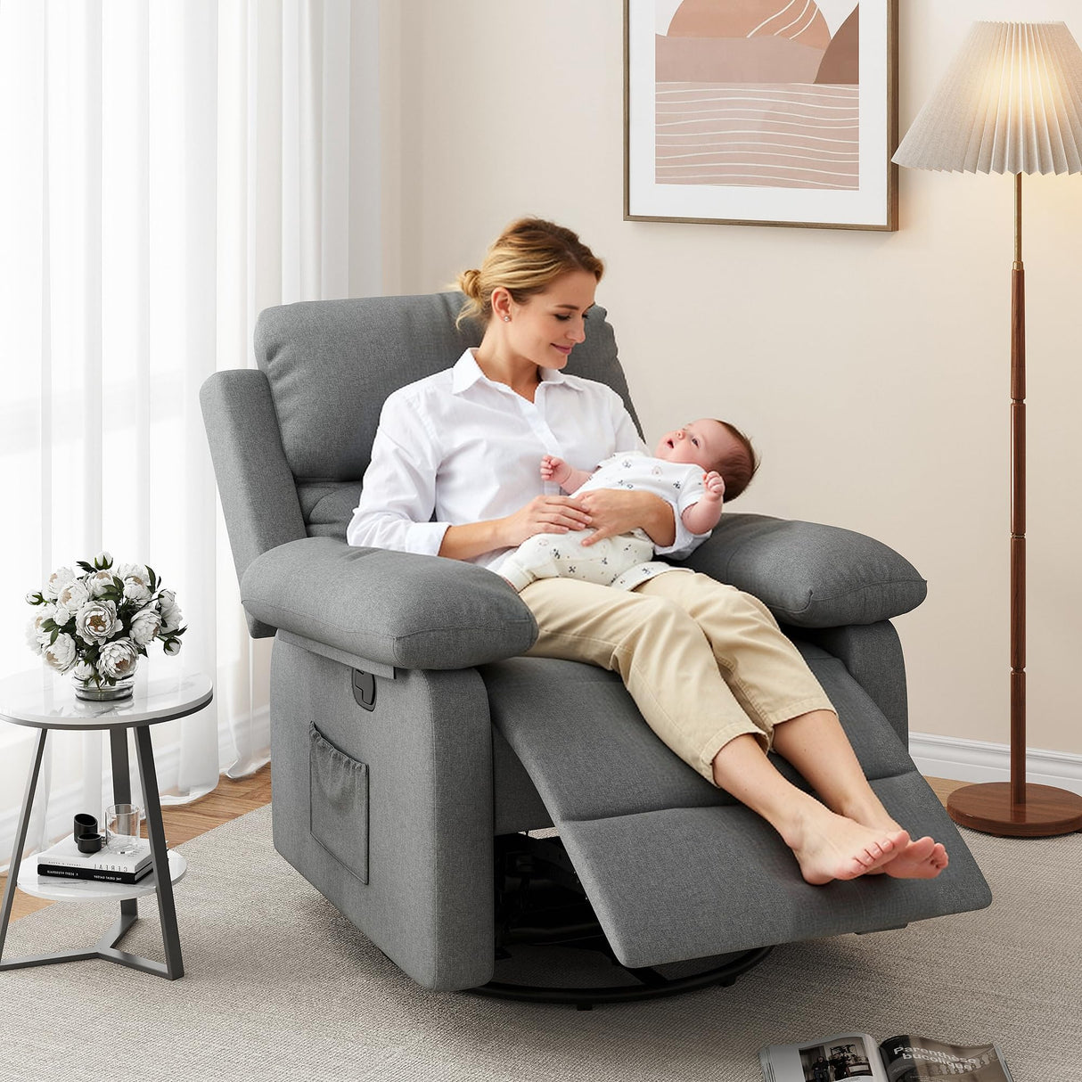 Glider Recliner for Adult Indoor Upholstered Lounge Nursery Chair Swivel Single Sofa with Side Pockets for Living Room Bedroom(Grey) Amopatio