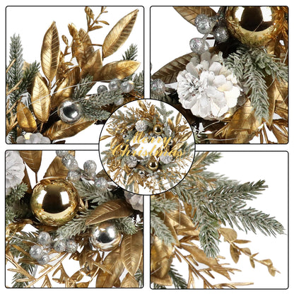 Zavothy Christmas Wreath 20 Inch Christmas Door Decorations Wreath with Warm Lights,Christmas Balls, Pine Cones, Golden Twigs, Pine Needles and Silver Berries for Door Window Outdoor Home Decoration