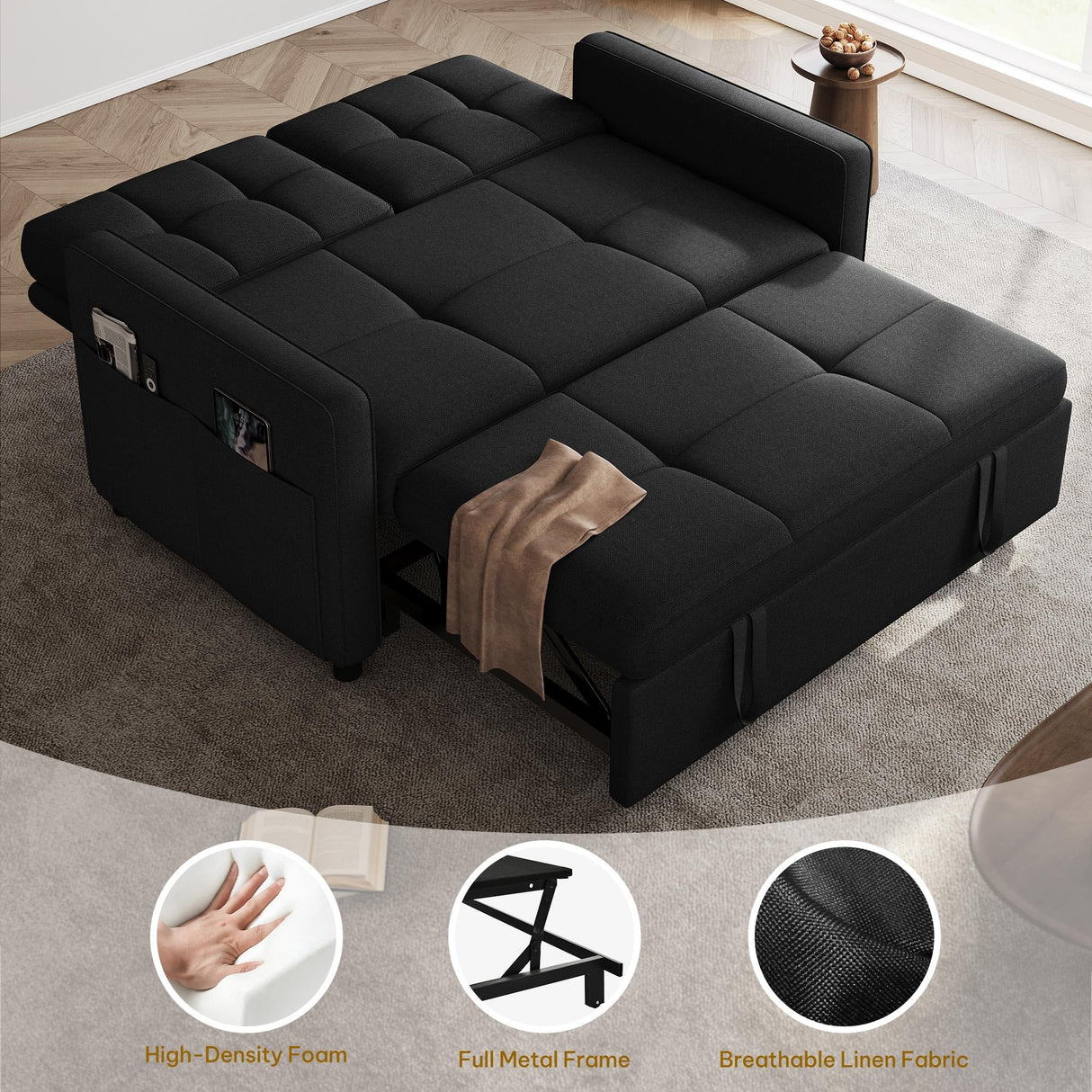 DWVO 55" Convertible Sofa Bed, 3-in-1 Sleeper Sofa with Pull-Out Bed, Linen Futon Couch with Adjustable Backrest and Side Pocket, Modern Loveseat for Living Room Apartment, Balck DWVO