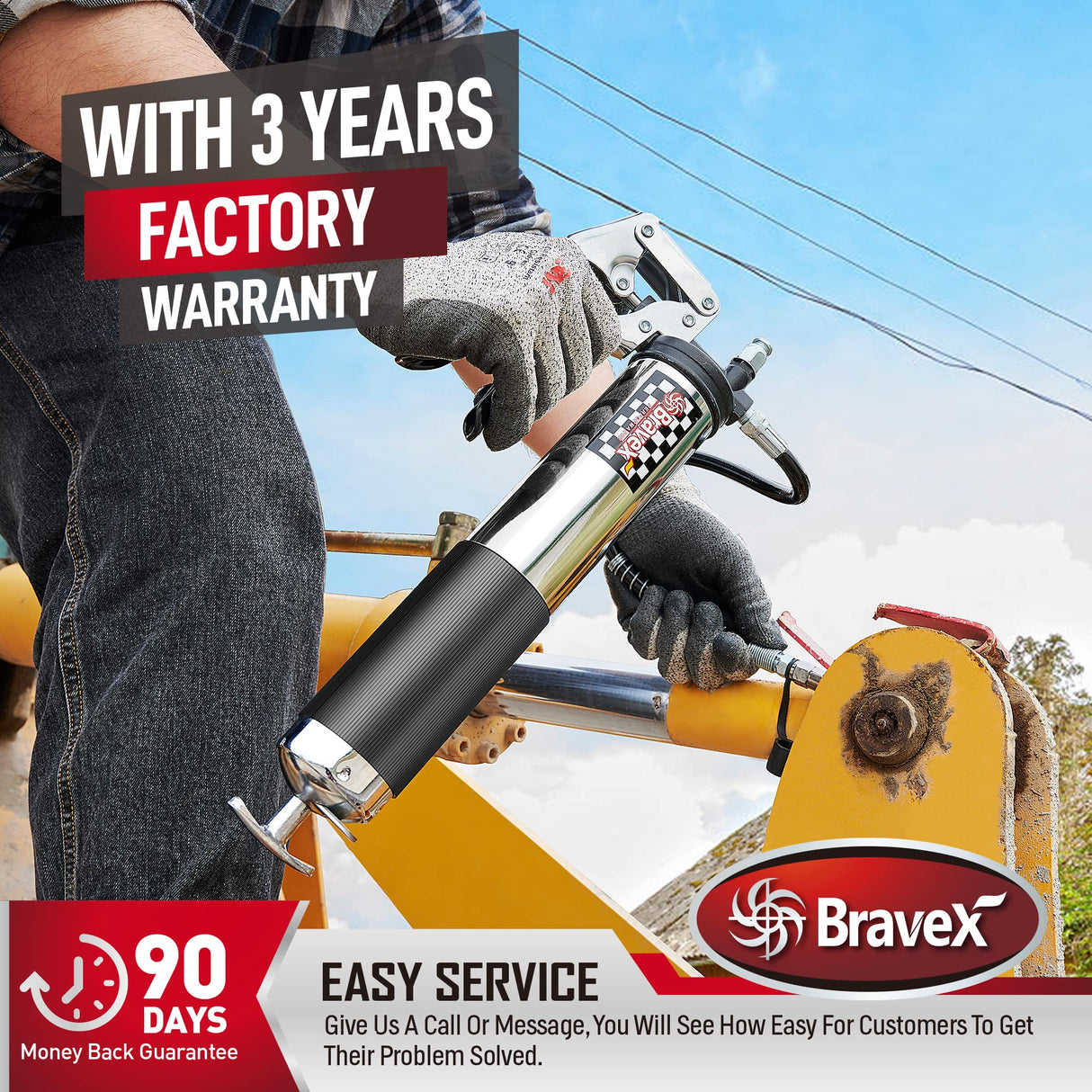 Bravex Pistol Grip Grease Gun Heavy Duty Professional 6000 PSI W/Quick Release Coupler - 18 inch Flex Hose Bravex