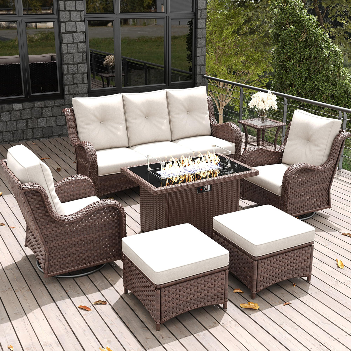 LayinSun 7 Pieces Outdoor Patio Furniture Set with Fire Pit Table, Rattan Wicker Sectional Swivel Rocker Chairs Sets with Ottomans, Swivel Glider Chairs and Coffee Table LayinSun