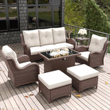 LayinSun 7 Pieces Outdoor Patio Furniture Set with Fire Pit Table, Rattan Wicker Sectional Swivel Rocker Chairs Sets with Ottomans, Swivel Glider Chairs and Coffee Table LayinSun