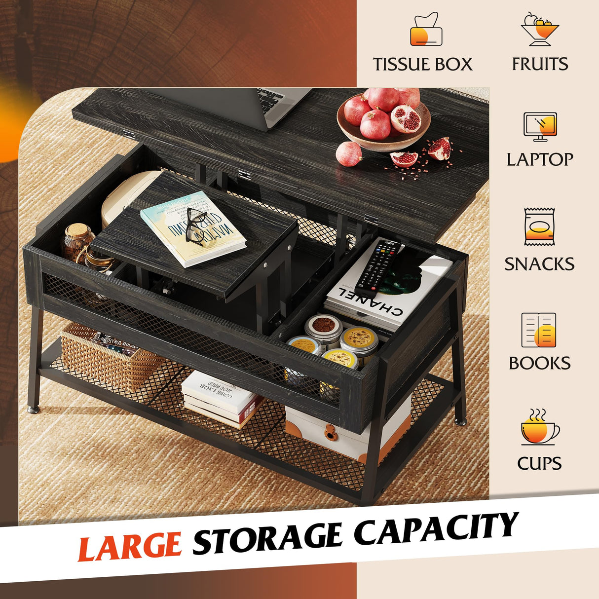 WLIVE Lift Top Coffee Table, 3 in 1 Multi-Function Coffee Table with Storage, Hidden Compartment and Metal Frame, Coffee Table Converts to Dining Table for Living Room Home Office, Charcoal Black WLIVE