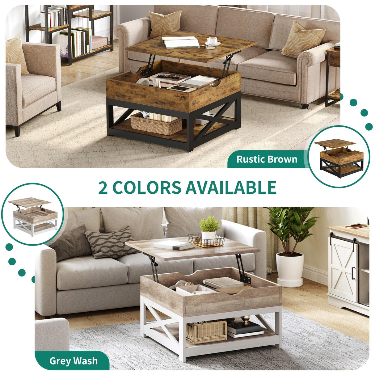 YITAHOME Lift Top Coffee Table with Storage, Farmhouse Coffee Tables for Living Room, Square Coffee Table with Lifting Top Wooden Coffee Tables Center Cocktail Table, Rustic Brown YITAHOME