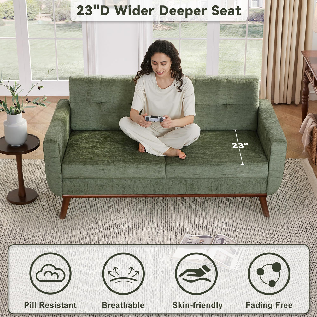 Kingfun 65.2" W Loveseat Sofa, Mid Century Modern Decor Love Seat Couches for Living Room, Button Tufted Upholstered Furniture, Solid & Easy to Install Small Couch for Bedroom Office Apartment, Green Kingfun