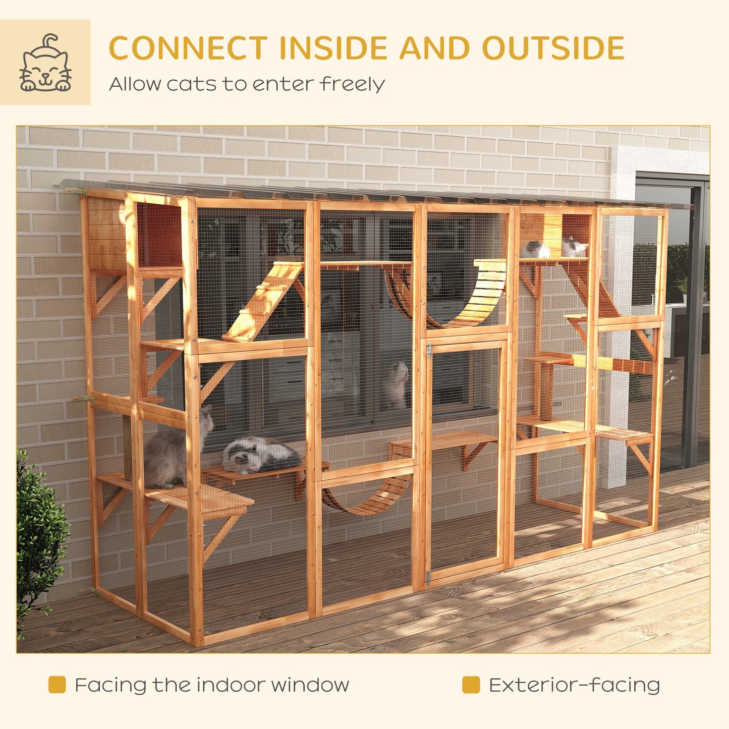 PawHut Catio Playground Cat Window Box Outside Enclosure, Outdoor Cat House with Weather Protection Roof for Multiple Kitties, Wooden Frame, Shelves & Bridges, 118" x 37.5" x 74", Orange - WoodArtSupply