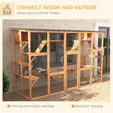 PawHut Catio Playground Cat Window Box Outside Enclosure, Outdoor Cat House with Weather Protection Roof for Multiple Kitties, Wooden Frame, Shelves & Bridges, 118" x 37.5" x 74", Orange PawHut