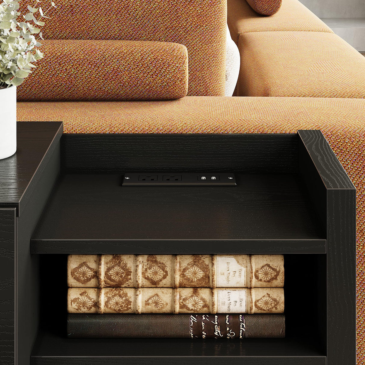 LIKIMIO Black Night Stand with Shelves, Charging Station & LED, 2 Drawer Wooden Bedside Table Record Player Stand for Bedroom, Entryway, Large LIKIMIO