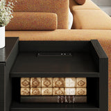 LIKIMIO Black Night Stand with Shelves, Charging Station & LED, 2 Drawer Wooden Bedside Table Record Player Stand for Bedroom, Entryway, Large LIKIMIO