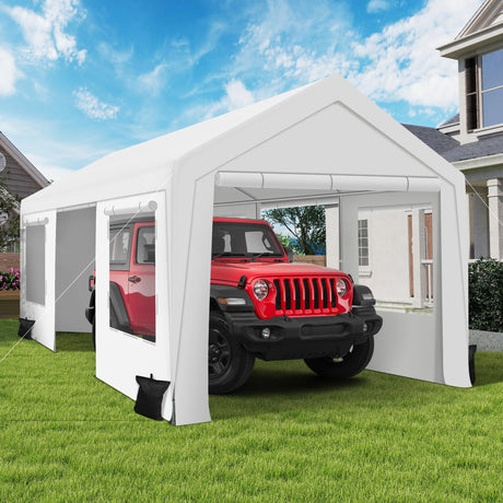 COVERONICS 10' x 20' Heavy Duty Carport Tent - Portable Outdoor Car Canopy with Roll-up Side Doors & Windows, Portable Garage with 4 Sandbags for Car, Truck and Outdoor Event, White COVERONICS