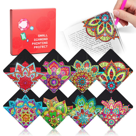 8 PCs Christmas Diamond Art Corner Bookmarks Leather Dimond Painting Book Mark Kit for Adults Paint by Dots Bookmarkers Craft DIY Gem Small Dotz Gifts for Women Mandala Flower Black Lotus CharySim