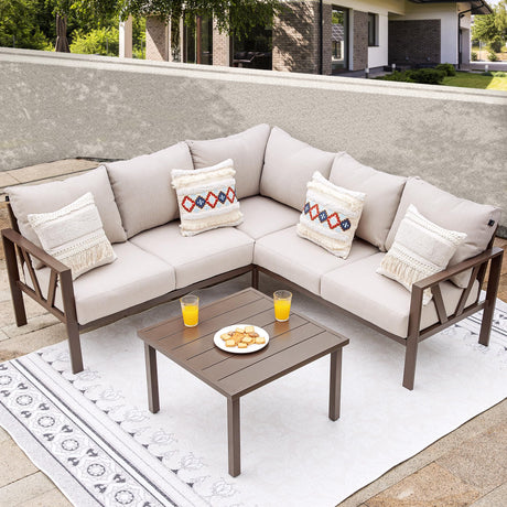 COMLAX FIELD Patio Furniture Set, 6 Pieces Outdoor Couch Sectional, L Shaped Patio Sofa, Metal Patio Couch Sectional with Side Table, Outdoor Seating Conversation Set, Beige COMLAX FIELD
