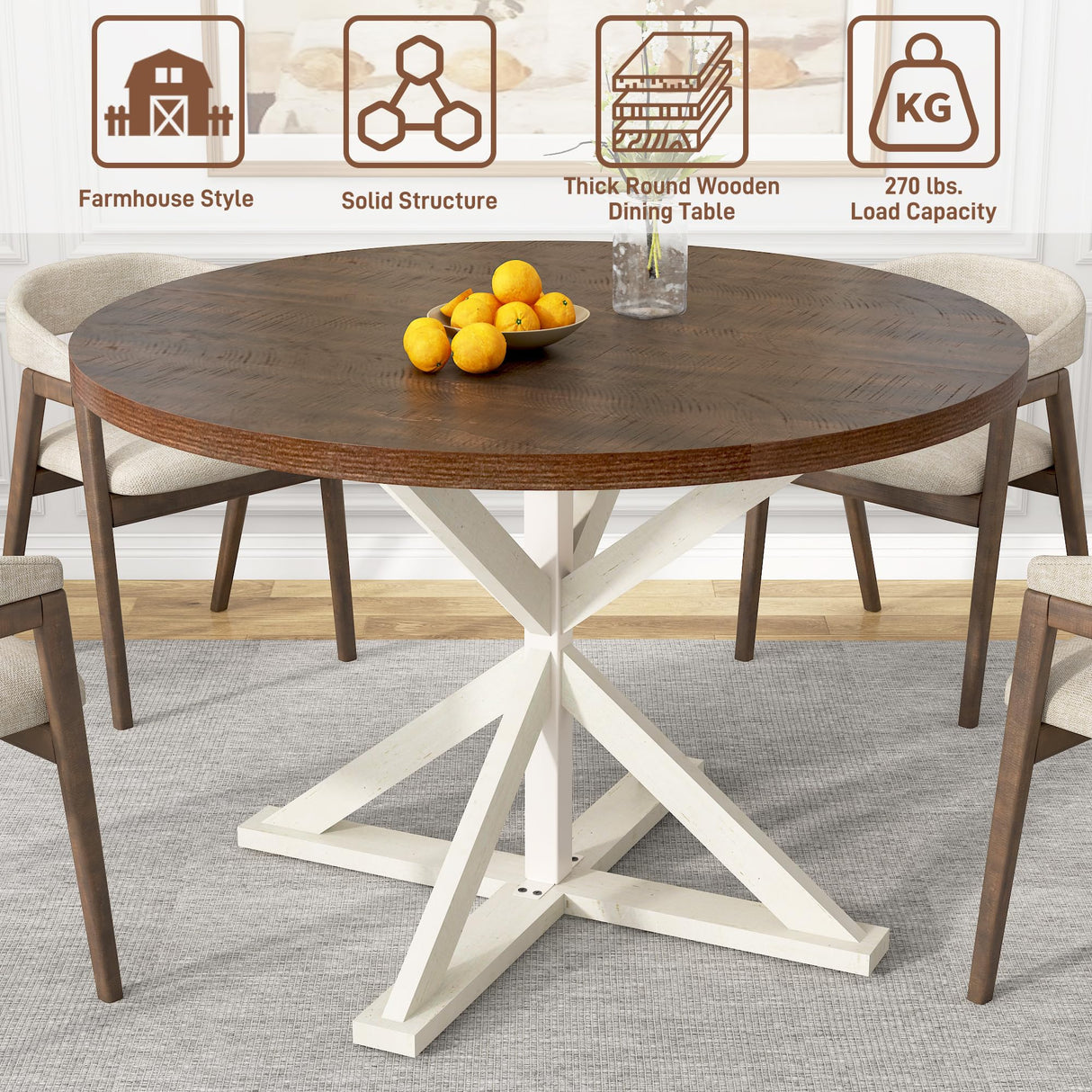 Round Wood Dining Table for Kitchen,Dining Room,Living Room,Farmhouse Dinner Tables W/Thickened Brown Waterproof Tabletop for 4 People,47 inch Rustic Kitchen Table W/Metal Support jiteentarou