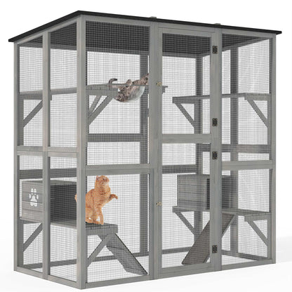 YITAHOME Catio Outdoor Cat Enclosure Large, Tall Wooden Cat House with Weatherproof Asphalt Roof, Cat Cage Playpen with Multiple Platforms & 2 Resting Boxes, 70.9" L x 38.2" W x 70.9" H