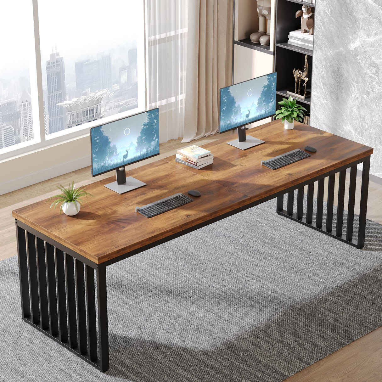 Tribesigns 78.74" Extra Long Computer Desk 2 Person Desk, Double Long Desk with Heavy Duty Metal Frame, Double Workstation Study Desk for Home Office, Brown (Without Chair) Tribesigns