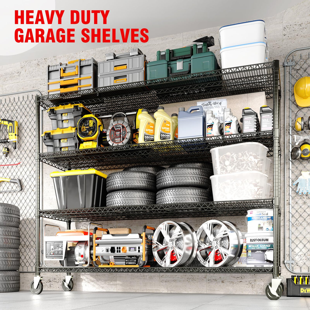 PeacefulHues 73" H Storage Shelves 2640LBS Heavy Duty Shelving Unit with Wheels & Feet, 4-Tiers Garage Shelving for Pantry Garage Kitchen Home Commercial, 73.8" H x 59" W x 23.9" D PeacefulHues