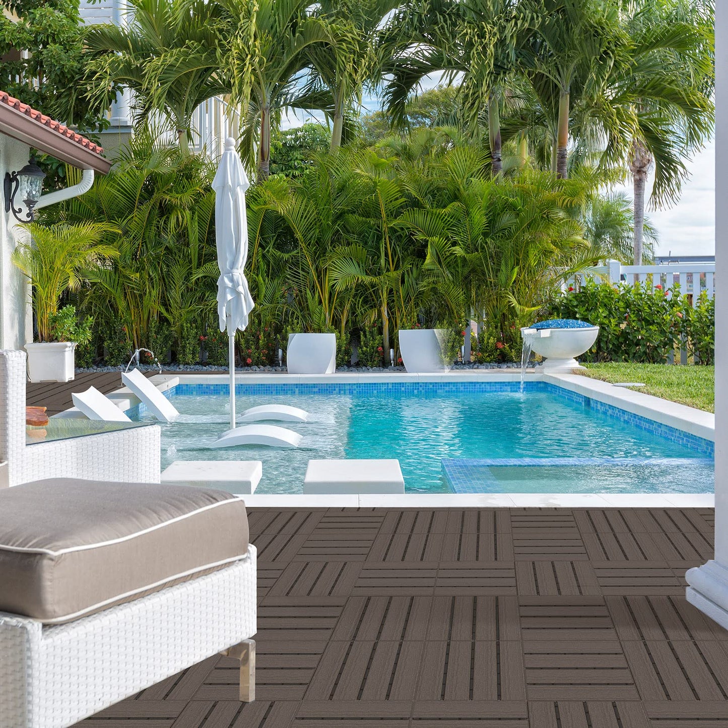 Goovilla Plastic Interlocking Deck Tiles, 9 Pack Patio Deck Tiles, 12"x12" Waterproof Outdoor Flooring All Weather Use, Patio Floor Decking Tiles for Porch Poolside Balcony Backyard, Dark Coffee