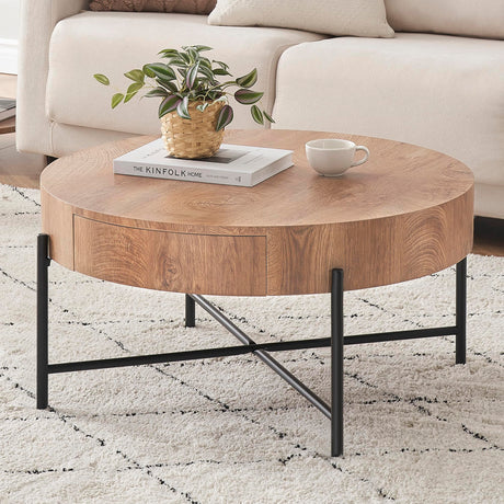 CABIHOME Round Coffee Table with Two Drawers Circle Center Table with Storage Farmhouse Coffee Table Living Room Wood Look Cocktail Table with Metal Frame Natural CABIHOME