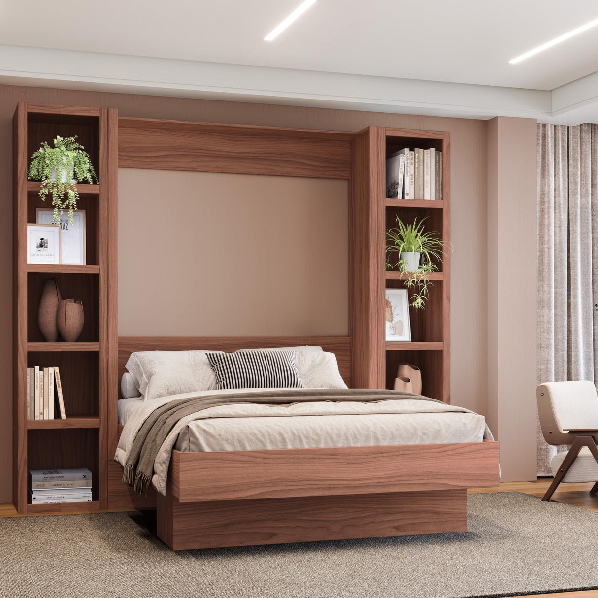 Oakland Living Easy-Lift Full Murphy Wall Bed in Natural Brown Wood Grain with Two Bookshelves Oakland Living