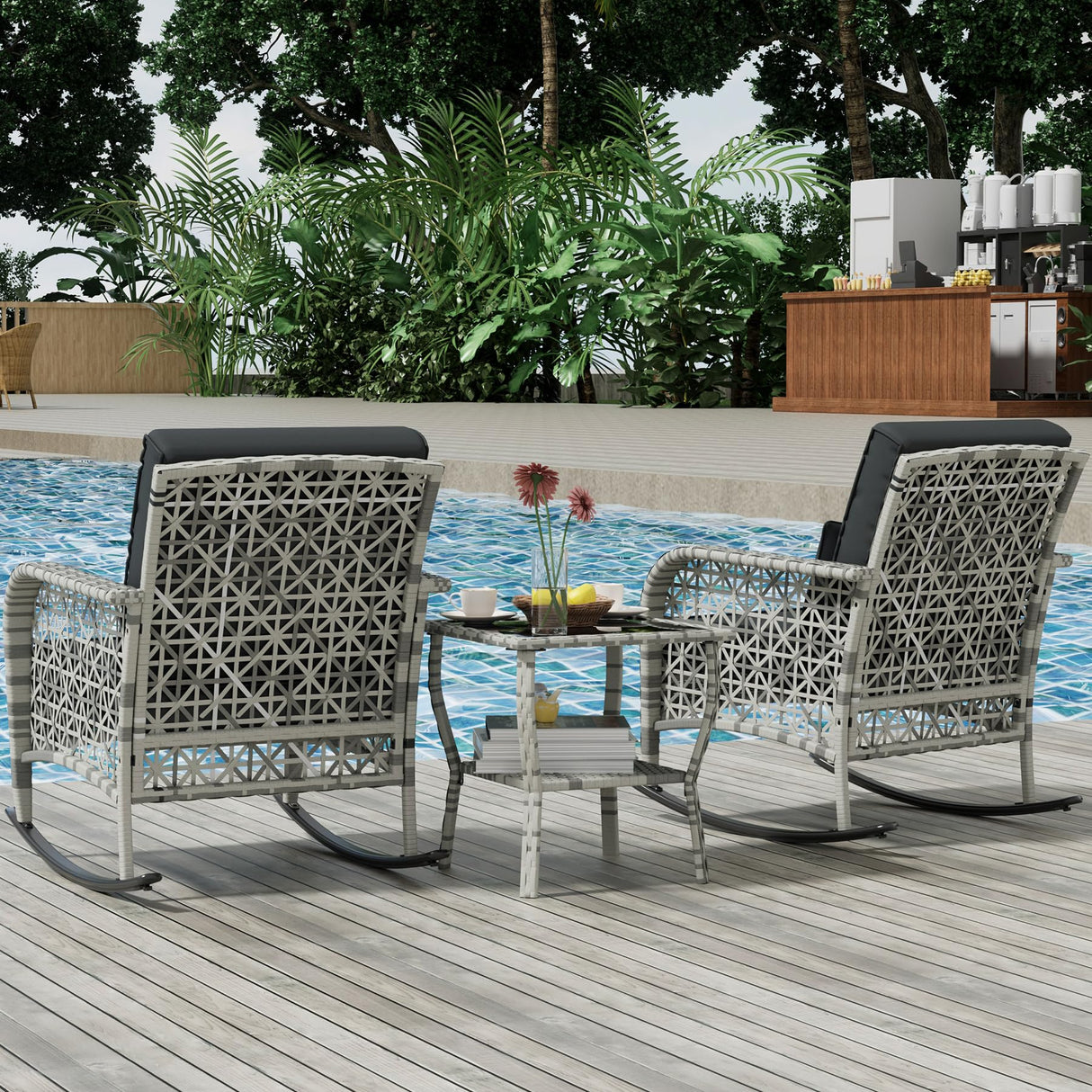 BALDPER 3 Piece Gray Wicker Patio Rocking Chair Set, Bistro Rocking Set, Outdoor Conversation Furniture with Porch Chairs and Glass Coffee Table, Slate Grey BALDPER