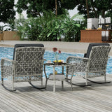 BALDPER 3 Piece Gray Wicker Patio Rocking Chair Set, Bistro Rocking Set, Outdoor Conversation Furniture with Porch Chairs and Glass Coffee Table, Slate Grey BALDPER