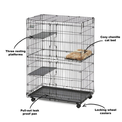 MidWest Homes for Pets Cat Playpen / Cat Cage Includes 3 Adjustable Resting Platforms, Removable Leak-Proof Pan, Easy 2-Door Top / Bottom Access & 4-locking Wheel Casters, 36"L x 23.5"W x 50. - WoodArtSupply