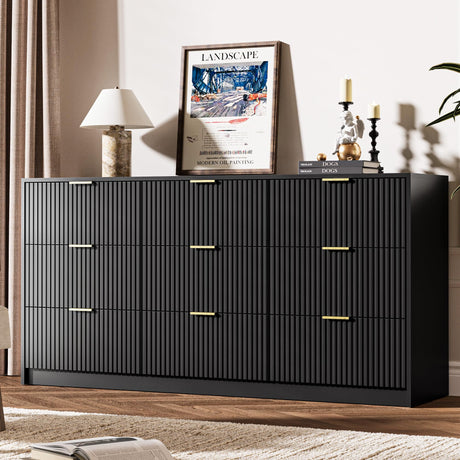 MAISONARIA Black Dresser for Bedroom, 9 Drawer Double Dresser, Modern Chest of Drawers for Bedroom, Living Room, Entryway and Closet, 63" L x 15.7" D x 31.5" H MAISONARIA