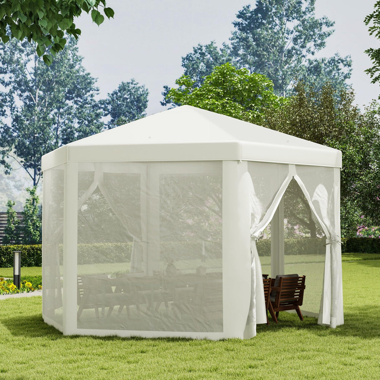 Outsunny 13' x 11' Canopy Tent, Sun Shelter with Protective Mesh Screen Walls, Hexagon Outdoor Tent for Parties, Cream White Outsunny