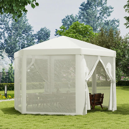 Outsunny 13' x 11' Canopy Tent, Sun Shelter with Protective Mesh Screen Walls, Hexagon Outdoor Tent for Parties, Cream White