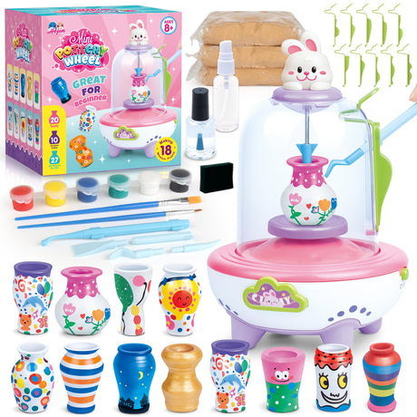 Pottery Wheel for Kids for Beginners, Mini Pottery Wheel,18 Miniature Clay Projects with 3 Pack Air Dry Clay, Arts and Crafts for Kids Ages 8-12 HEJIN