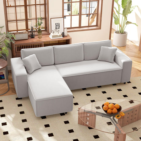 HOMCOM 95" Sectional Sofa with Reversible Chaise Lounge, L-Shaped Corner Sofa with Corduroy Fabric, Pocket Spring, 2 Pillows, Wide Arm, Thick Padded, 3 Seat Couch for Living Room, Light Gray HOMCOM