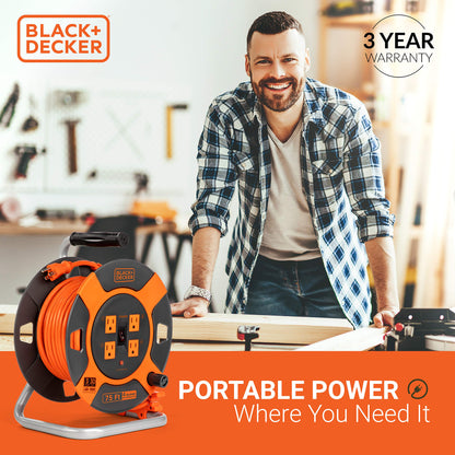 BLACK+DECKER 75 Ft. Retractable Extension Cord Reel With 4 Outlets, Multi-Plug Extension, Easy Handle Rewind & Heavy-Duty 14AWG SJTW Cable - WoodArtSupply